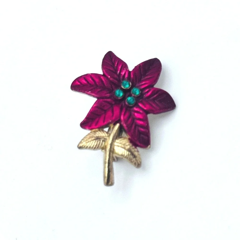 Vintage Enamel Red Festive Flower Brooch Botanical‎ Gold Tone Green Rhinestones